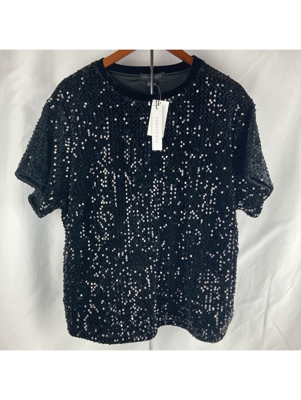 NEW Women’s 2X Sanctuary Sequin Velvet Top Black Short Sleeve Crewneck Blouse
